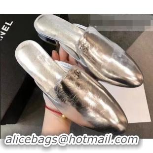 Buy Ladies Chanel CC Logo Goatskin Mules G34303 Metallic Silver 2019