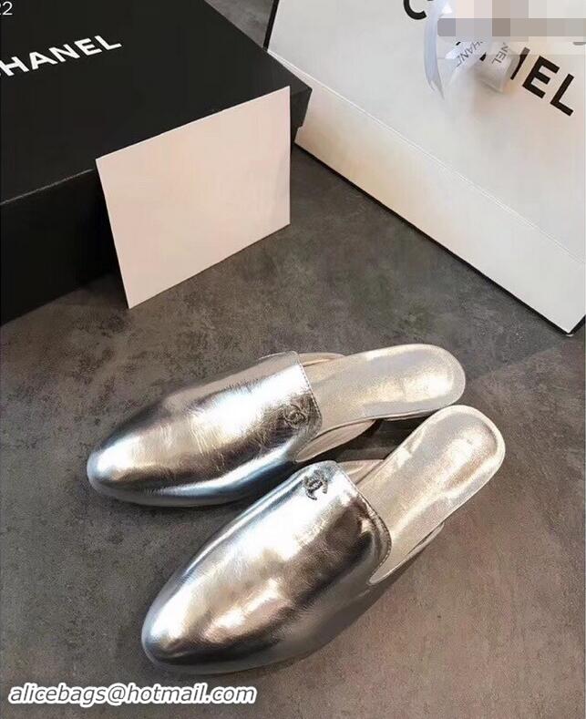 Buy Ladies Chanel CC Logo Goatskin Mules G34303 Metallic Silver 2019