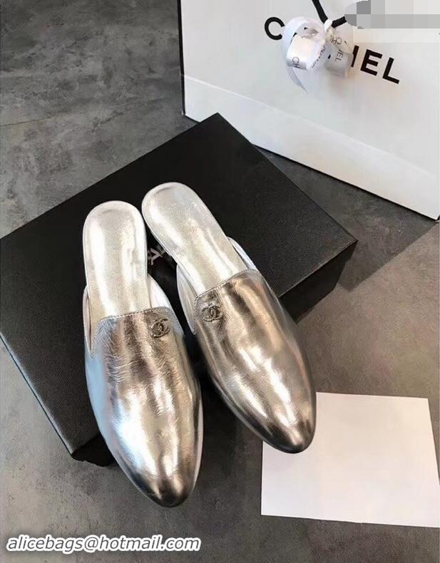 Buy Ladies Chanel CC Logo Goatskin Mules G34303 Metallic Silver 2019