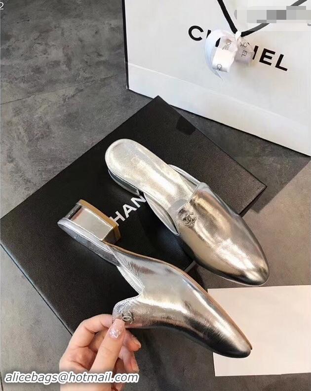 Buy Ladies Chanel CC Logo Goatskin Mules G34303 Metallic Silver 2019