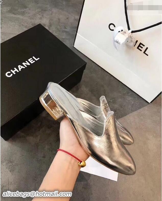 Buy Ladies Chanel CC Logo Goatskin Mules G34303 Metallic Silver 2019