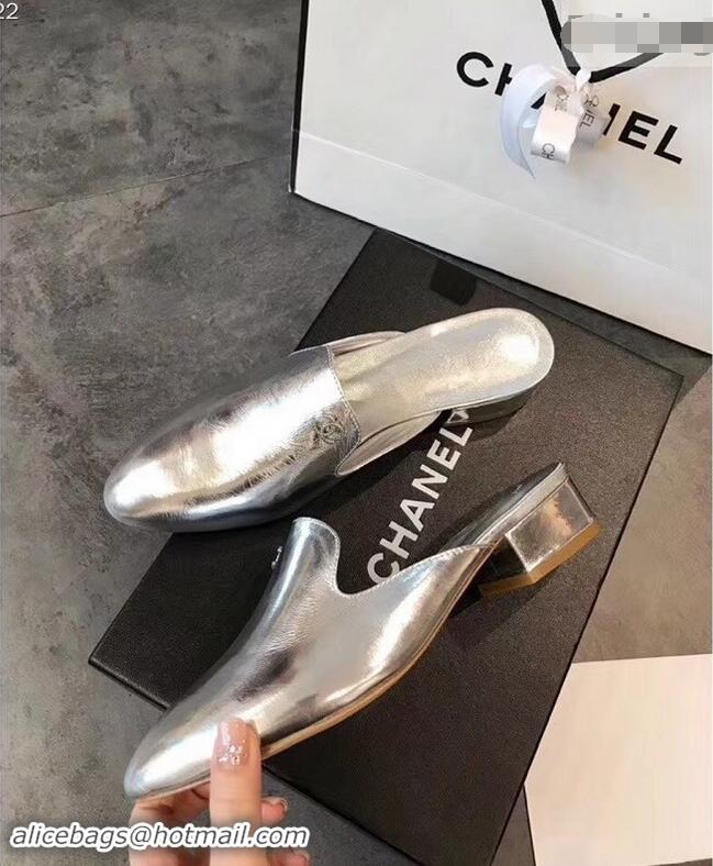 Buy Ladies Chanel CC Logo Goatskin Mules G34303 Metallic Silver 2019