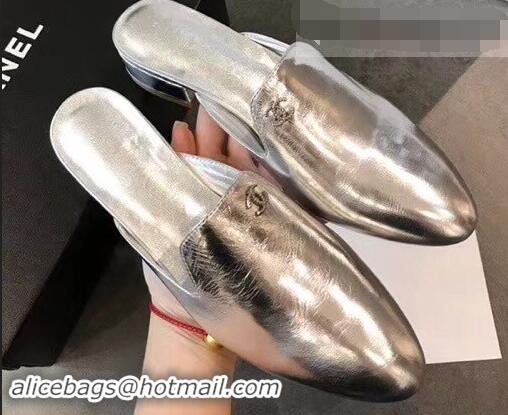 Buy Ladies Chanel CC Logo Goatskin Mules G34303 Metallic Silver 2019