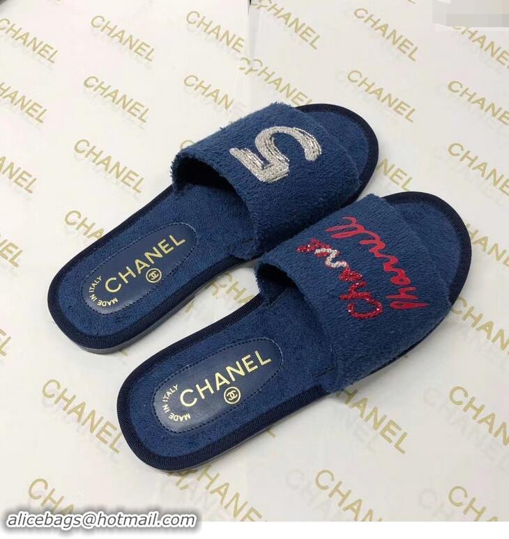 Shop Cheap Chanel x Pharrell Logo Mules Slippers Sandals 950501 Dark Blue 2019