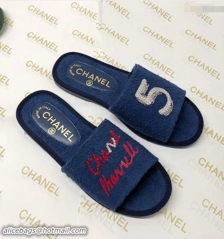 Shop Cheap Chanel x Pharrell Logo Mules Slippers Sandals 950501 Dark Blue 2019