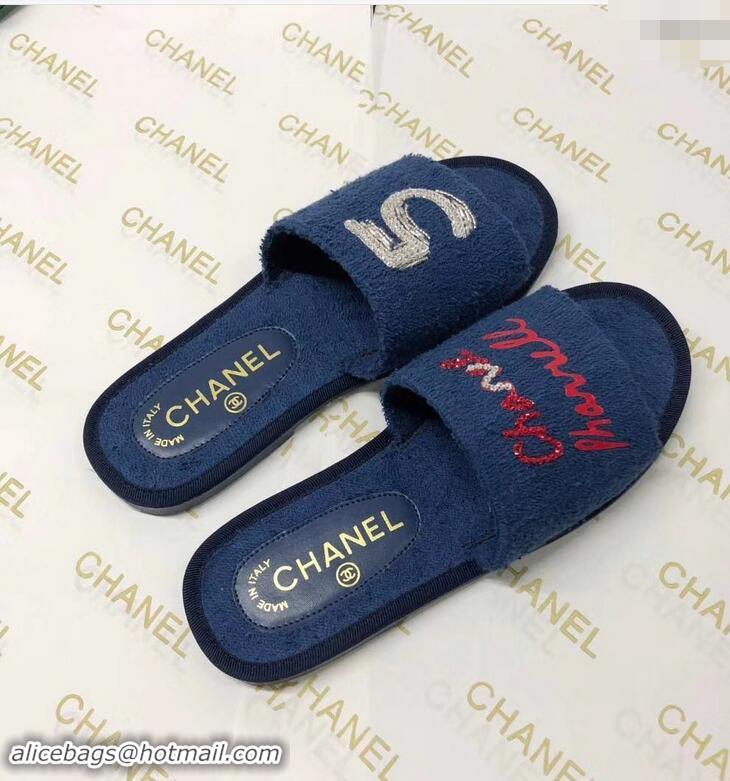 Shop Cheap Chanel x Pharrell Logo Mules Slippers Sandals 950501 Dark Blue 2019