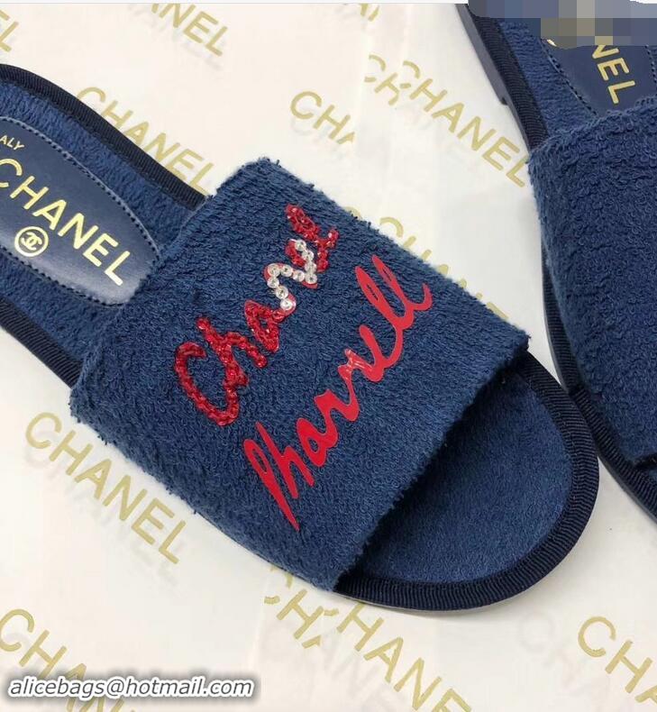 Shop Cheap Chanel x Pharrell Logo Mules Slippers Sandals 950501 Dark Blue 2019