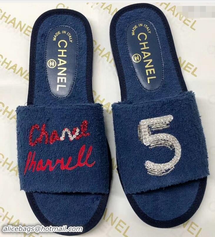 Shop Cheap Chanel x Pharrell Logo Mules Slippers Sandals 950501 Dark Blue 2019