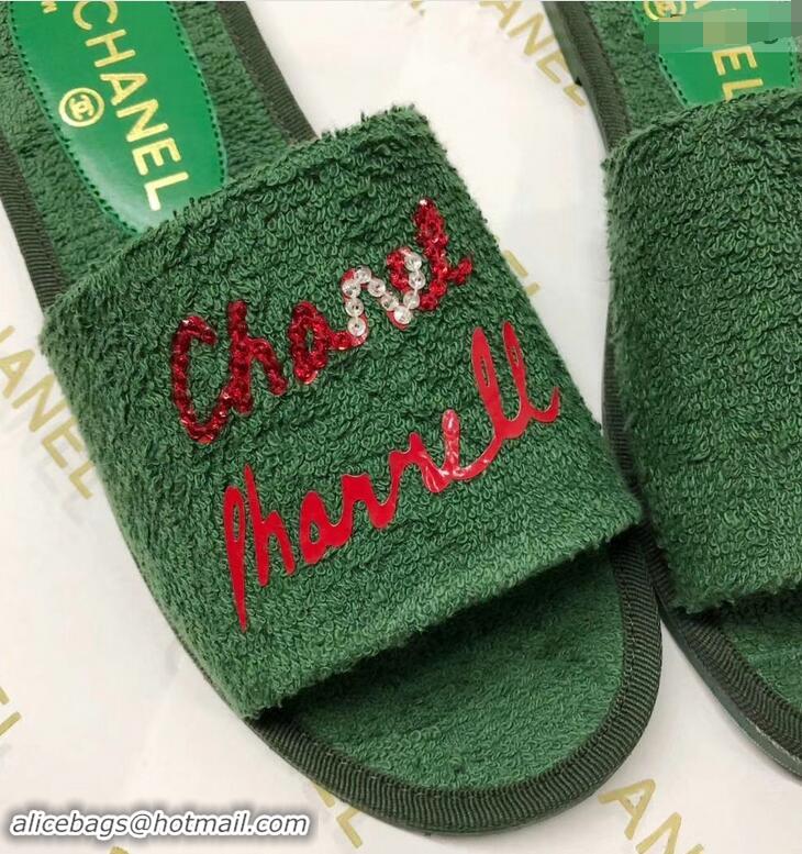 Buy Luxury Chanel x Pharrell Logo Mules Slippers Sandals 950501 Green 2019