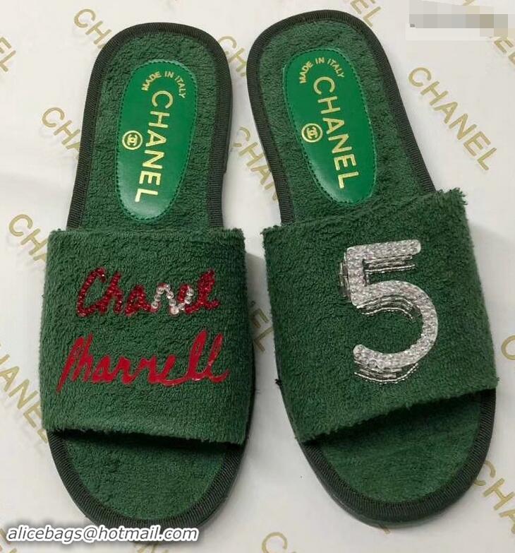 Buy Luxury Chanel x Pharrell Logo Mules Slippers Sandals 950501 Green 2019