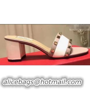 Discount Stylish Valentino Heel Rockstud Slip-On Slide Sandals V90401 White