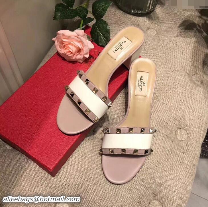 Discount Stylish Valentino Heel Rockstud Slip-On Slide Sandals V90401 White