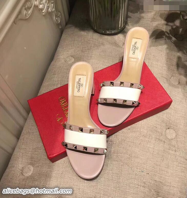 Discount Stylish Valentino Heel Rockstud Slip-On Slide Sandals V90401 White