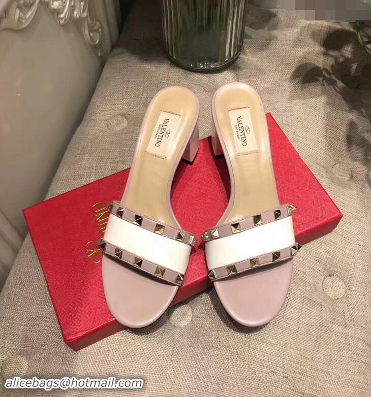 Discount Stylish Valentino Heel Rockstud Slip-On Slide Sandals V90401 White