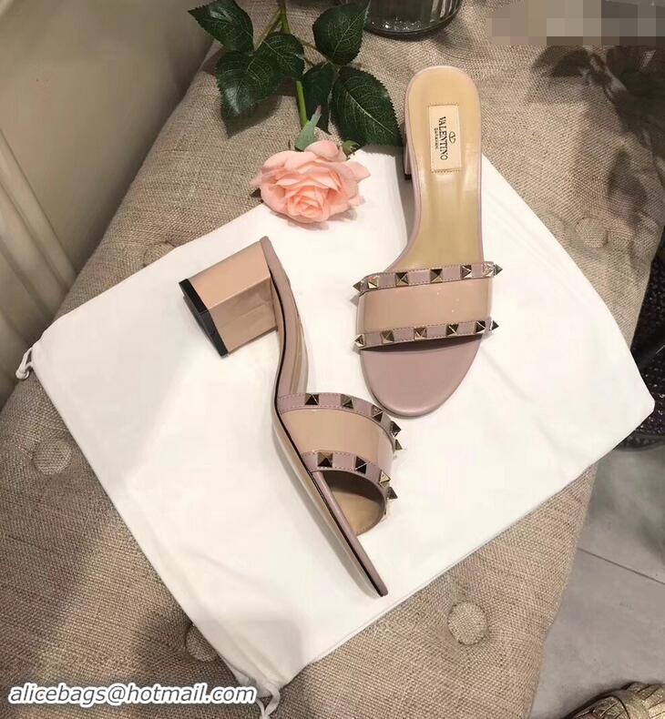 Discount Faux Valentino Heel Rockstud Slip-On Slide Sandals V90401 Nude