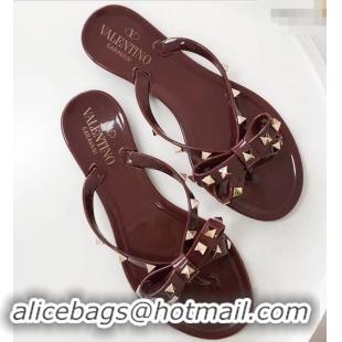 New Style Valentino Rockstud Jelly Bow PVC Thong Flip Flops V92904 Burgundy