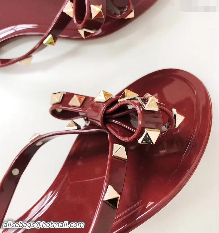 New Style Valentino Rockstud Jelly Bow PVC Thong Flip Flops V92904 Burgundy