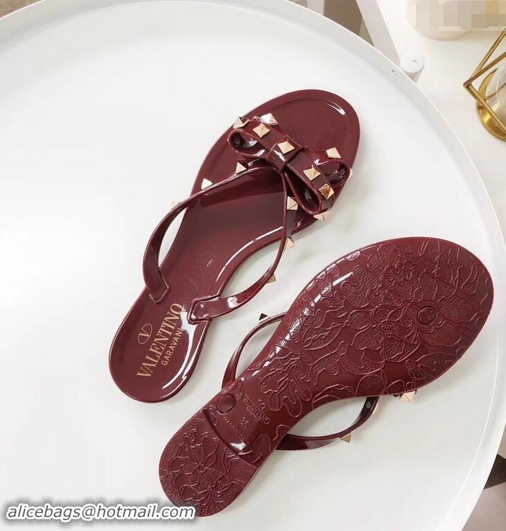 New Style Valentino Rockstud Jelly Bow PVC Thong Flip Flops V92904 Burgundy