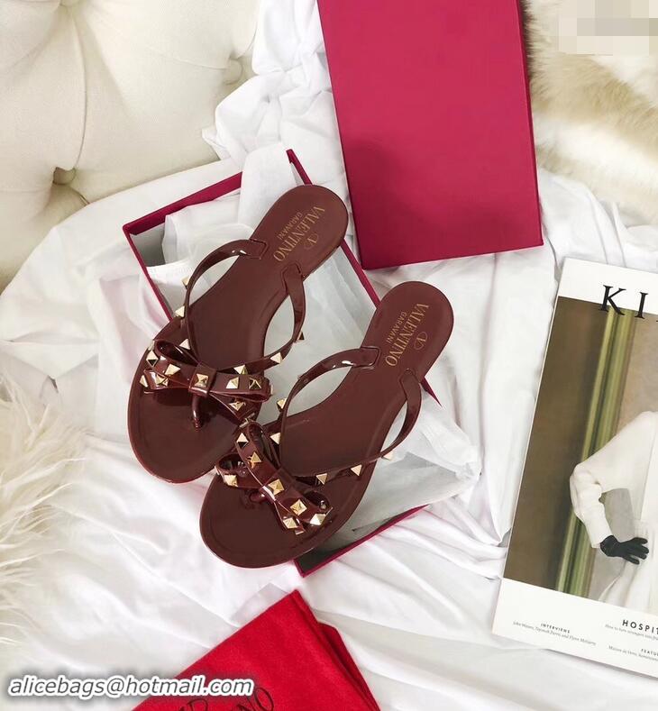 New Style Valentino Rockstud Jelly Bow PVC Thong Flip Flops V92904 Burgundy