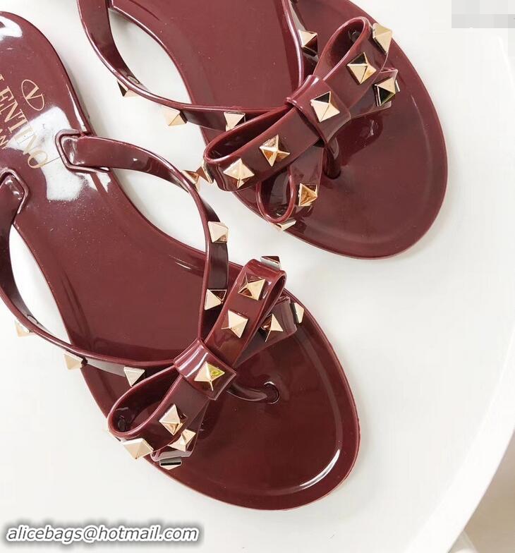 New Style Valentino Rockstud Jelly Bow PVC Thong Flip Flops V92904 Burgundy