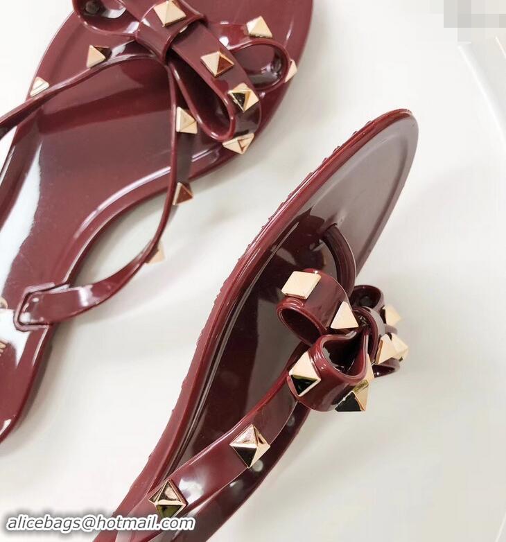 New Style Valentino Rockstud Jelly Bow PVC Thong Flip Flops V92904 Burgundy