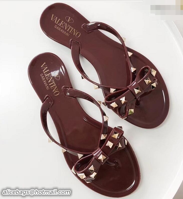 New Style Valentino Rockstud Jelly Bow PVC Thong Flip Flops V92904 Burgundy