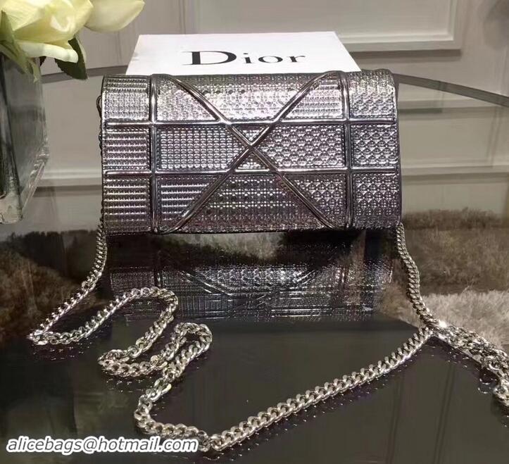 Top Grade Dior Diorama Wallet on Chain Clutch in Metallic Leather 500620 Grey