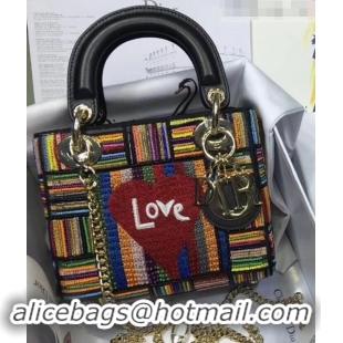 Best Grade Dior Lady Dior Love Mini Bag with Embroidered Multi-Coloured Stripes 500623