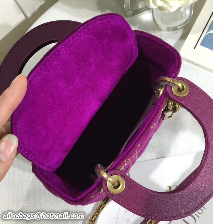 Discount Fashion Lady Dior Suede Studded Mini Bag 500812 Purple/Heart 2019