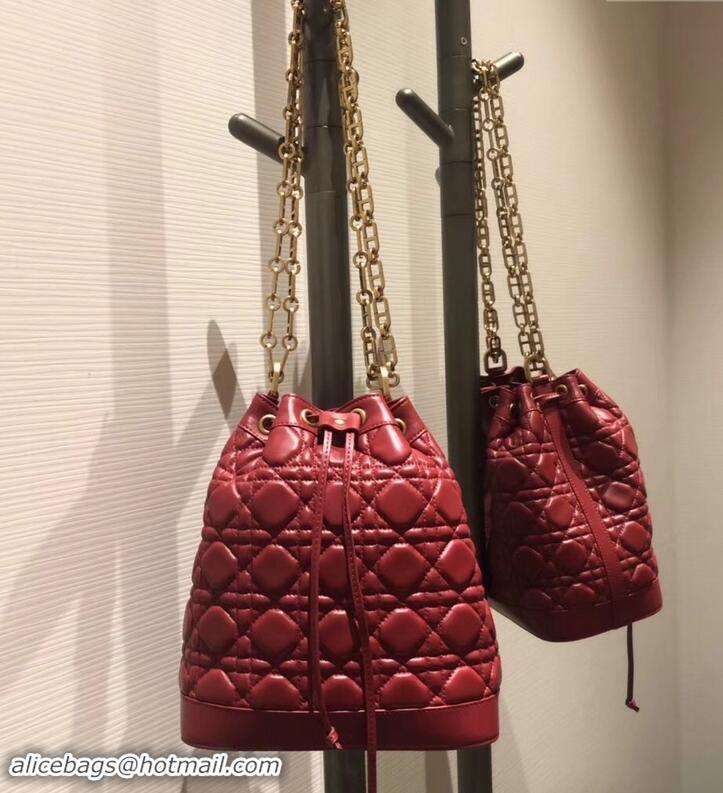 Good Quality Miss Dior Quilted Cannage Lambskin Drawstring Bucket Bag 500815 Red 2019