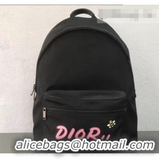 Super Quality Dior Nylon Bee DIOR X KAWS Rider Backpack Bag Black with Pink Logo 500835 2019