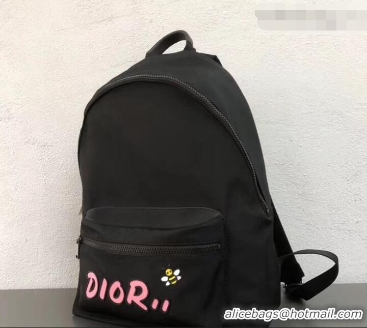 Super Quality Dior Nylon Bee DIOR X KAWS Rider Backpack Bag Black with Pink Logo 500835 2019