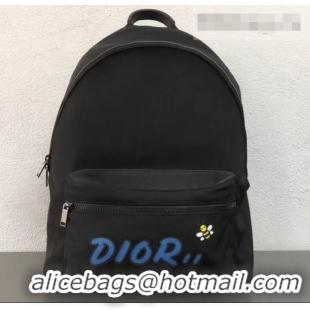 Good Product Dior Nylon Bee DIOR X KAWS Rider Backpack Bag Black with Blue Logo 500836 2019