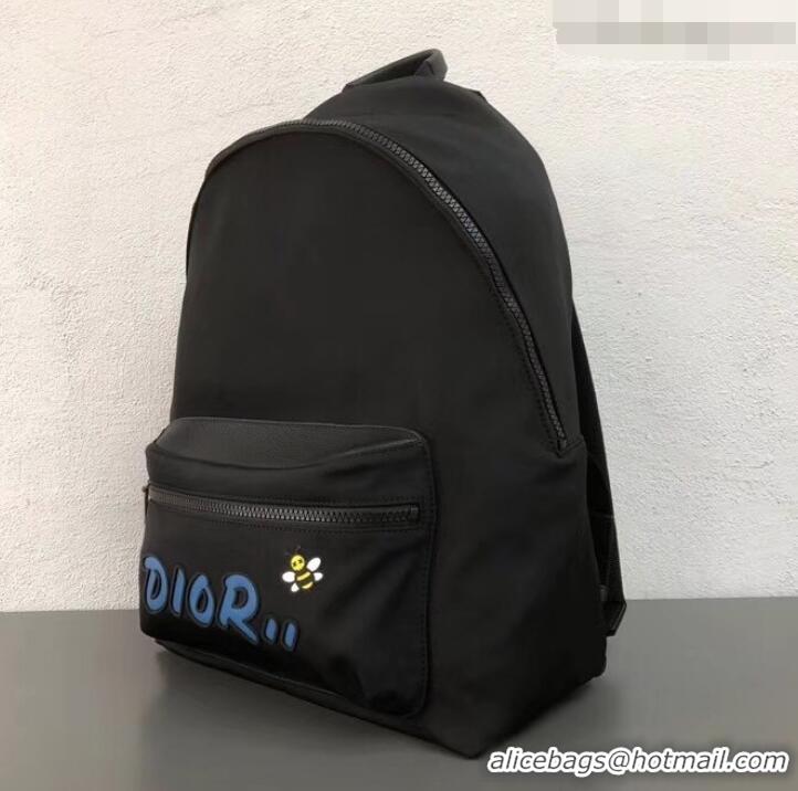 Good Product Dior Nylon Bee DIOR X KAWS Rider Backpack Bag Black with Blue Logo 500836 2019