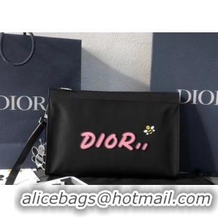  Dior Nylon Bee DIOR X KAWS Pouch Clutch Bag Black with Pink Logo 500839 2019