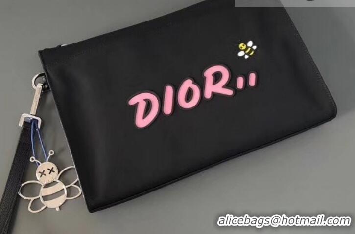  Dior Nylon Bee DIOR X KAWS Pouch Clutch Bag Black with Pink Logo 500839 2019