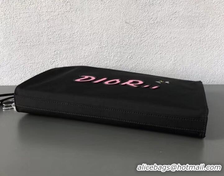  Dior Nylon Bee DIOR X KAWS Pouch Clutch Bag Black with Pink Logo 500839 2019