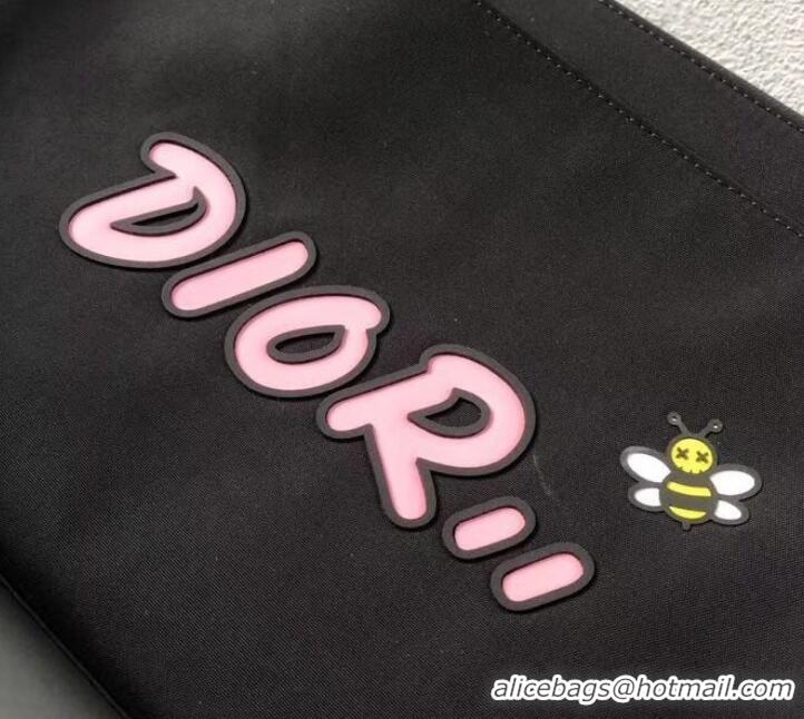  Dior Nylon Bee DIOR X KAWS Pouch Clutch Bag Black with Pink Logo 500839 2019