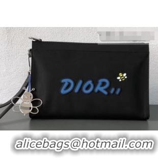 New Style Dior Nylon Bee DIOR X KAWS Pouch Clutch Bag Black with Blue Logo 500840 2019