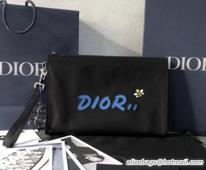 New Style Dior Nylon Bee DIOR X KAWS Pouch Clutch Bag Black with Blue Logo 500840 2019