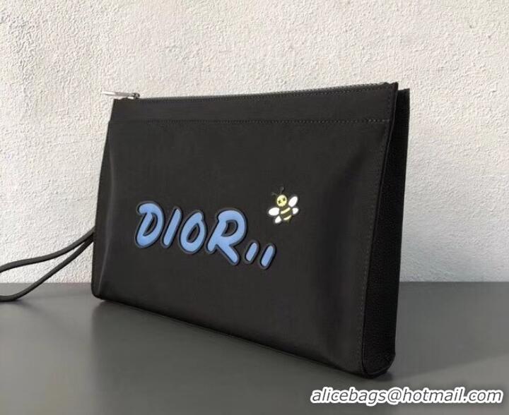 New Style Dior Nylon Bee DIOR X KAWS Pouch Clutch Bag Black with Blue Logo 500840 2019