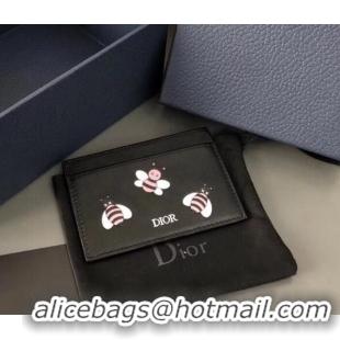 Top Quality Dior Calfskin DIOR X KAWS Card Holder Black with Pink Bees 500841 2019