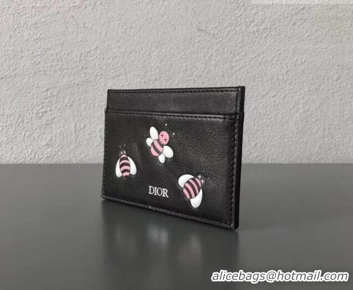 Top Quality Dior Calfskin DIOR X KAWS Card Holder Black with Pink Bees 500841 2019