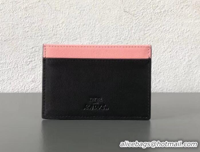 Top Quality Dior Calfskin DIOR X KAWS Card Holder Black with Pink Bees 500841 2019