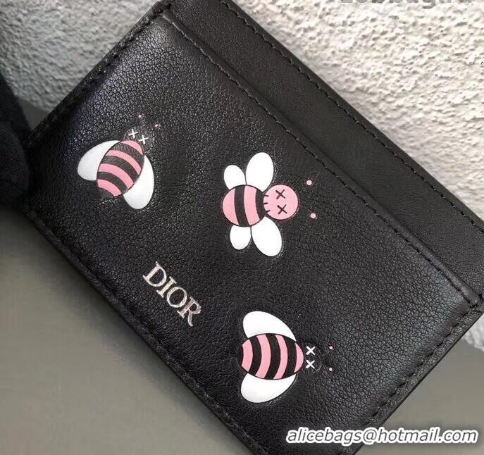 Top Quality Dior Calfskin DIOR X KAWS Card Holder Black with Pink Bees 500841 2019