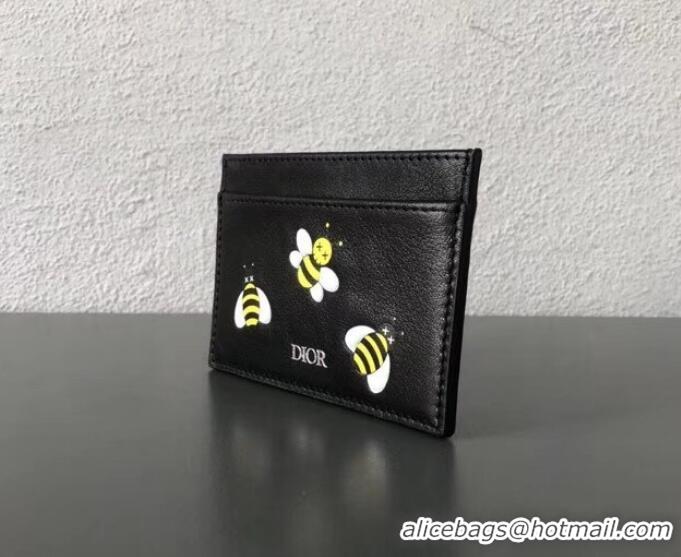 New Design Dior Calfskin DIOR X KAWS Card Holder Black with Yellow Bees 500842 2019