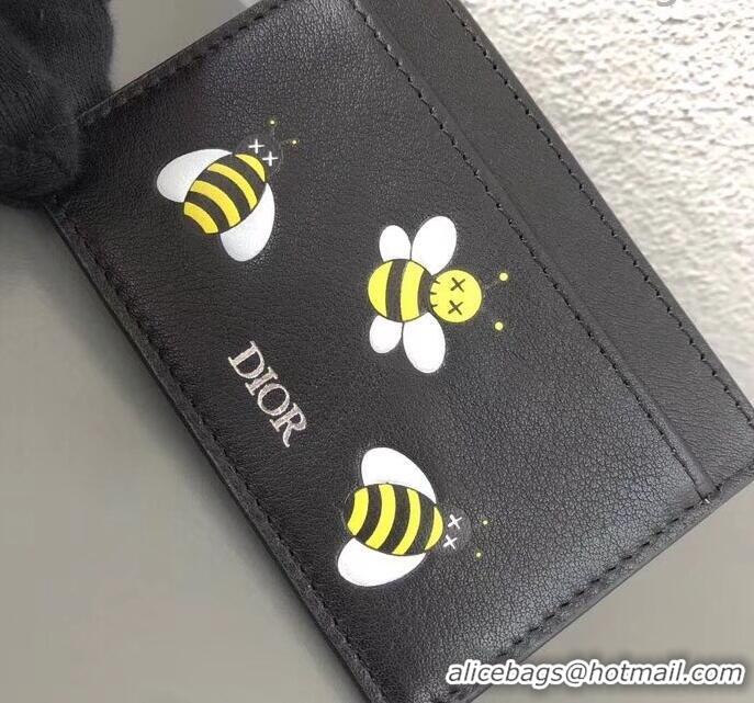 New Design Dior Calfskin DIOR X KAWS Card Holder Black with Yellow Bees 500842 2019