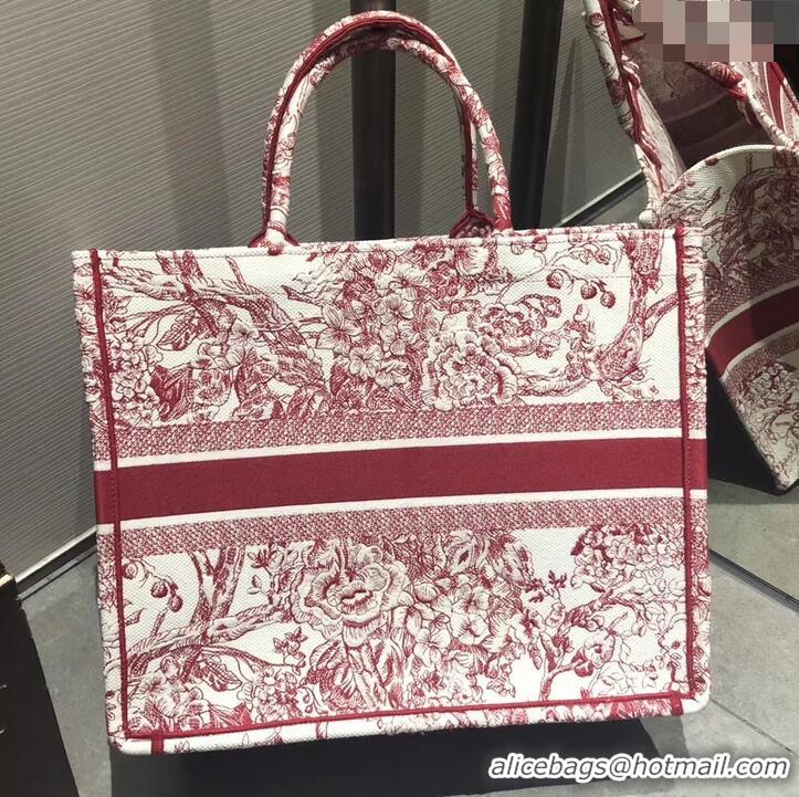 Best Quality Dior Book Tote Bag In Toile de Jouy motif Embroidered CD500850 Red 2019