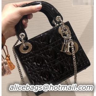 Discount Lady Dior Mini Bag in Cannage with Chain Patent 510041 Black/Silver