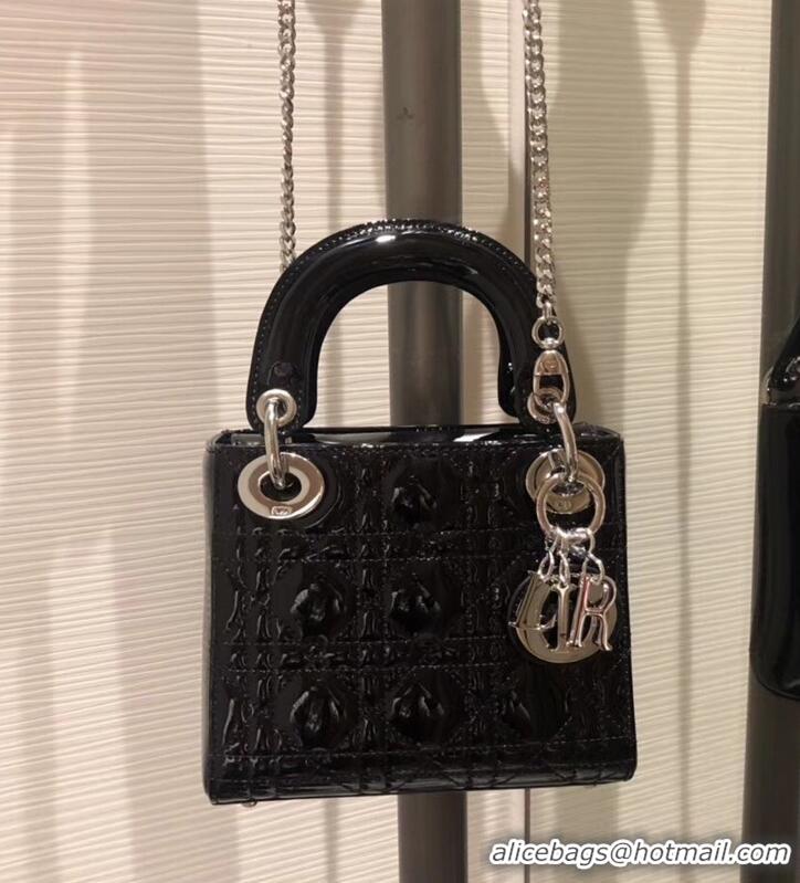 Discount Lady Dior Mini Bag in Cannage with Chain Patent 510041 Black/Silver